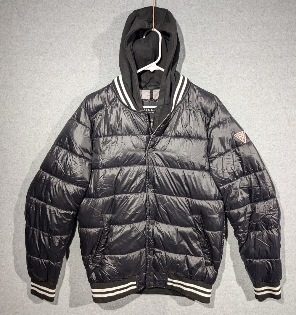 GUESS Men's Black Varsity Puffer Jacket w/ Removable Hood Size Small - 119RN217